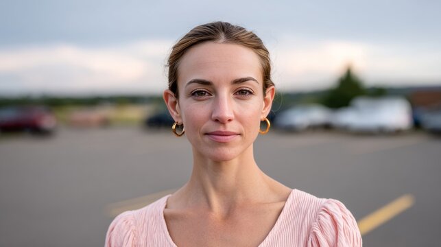 A serene Caucasian woman stands in a parking lot, capturing the essence of National Simplicity Day and Scandinavian Midsummer vibes - Powered by Adobe
