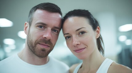 Fototapeta premium European couple embraces the serene glow of gym camaraderie, embodying wellness goals and International Friendship Day warmth