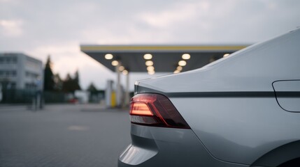 Gray sedan pauses at twilight gas station, tail light aglow like a modern lighthouse, evoking Road Safety Week