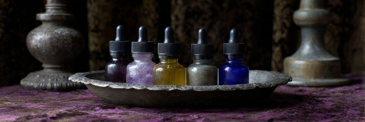 Mysterious alchemy bottles on velvet evoke winter solstice rituals, shadowy elixirs, whimsical potion-making, and esoteric tranquility