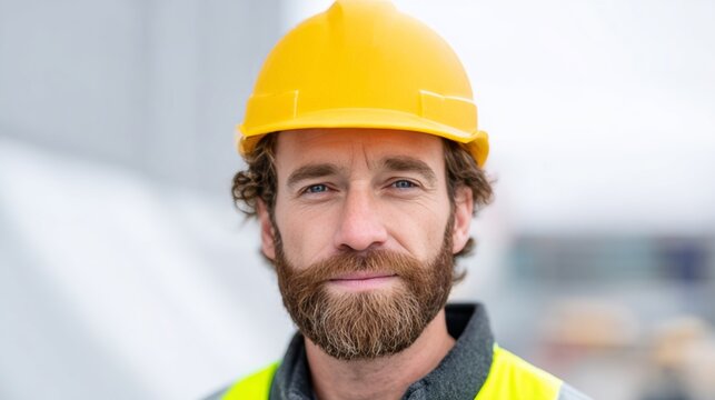 A determined Caucasian male engineer in a vivid yellow hard hat, embodying the spirit of National Safety Month and Tech Innovation Day
