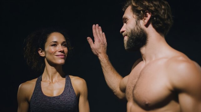 Two athletic individuals exchange triumphant high-fives under gym lights, embracing wellness and celebrating Global Running Days camaraderie - Powered by Adobe