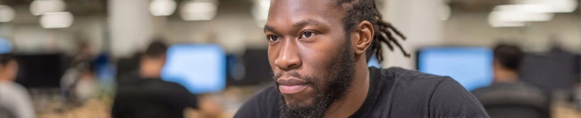 Fototapeta premium Focused African American man in bustling tech hub, embodying innovation pulse, Kwanzaa ingenuity, and World Creativity Day energy