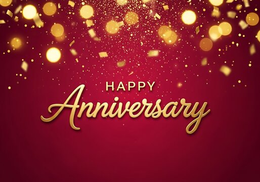 Elegant Anniversary Celebration with Golden Text and Festive Bokeh on a Red Background.