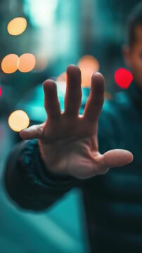 Man blocking traffic with hands, city night scene. Concept of stopping or controlling movement.