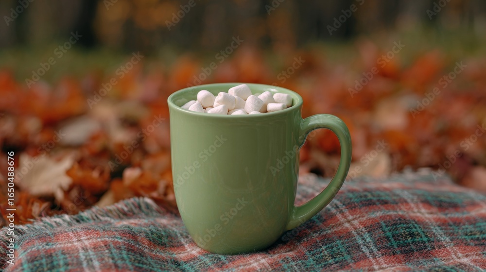 Poster steaming mug of marshmallow-topped cocoa nestles on checkered blanket, embodying cozy autumn vibes, 