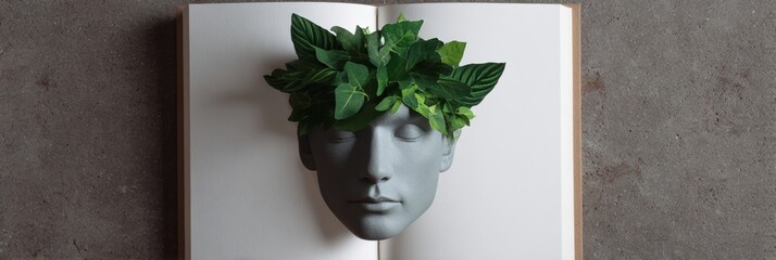 An abstract alabaster mask with leafy crown emerges from pages, evoking Green Man folklore and World Book Day mystique