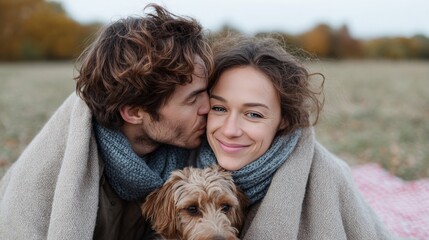 Autumnal embrace with cozy Caucasian couple and woolly dog, whispering warmth beneath blankets, reminiscent of Snugglefest and Cuddle-Up Day