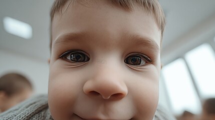 A joyful Caucasian toddler's curious gaze captures the essence of National Smile Month and whimsical childhood wonder