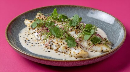 Savory fillet rests in mustard cream embrace, garnished with verdant microgreens for Inti Raymi or Gastronomy Day feasting