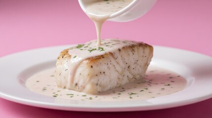 Delicate cream cascade over succulent cod, culinary dreamscape, evoking La Tomatina and Whitebait Festival, seafood reverie