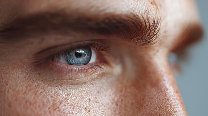 Piercing blue eye of a freckled Caucasian male, reflecting inner cosmos; spotlights International Freckles Day and St Lucy's Day