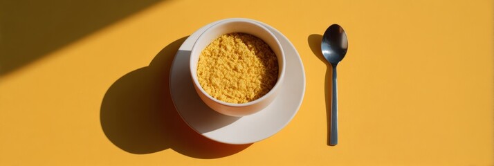 Yellow cornmeal bowl casts shadows like sundial, ready for Afro-Brazilian Vatapa feast or whimsical Solstice supper