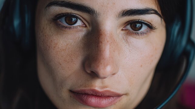 Engaged Latina woman with headphones, evoking World Listening Day ambiance, serenely immersed in the symphony of digital whispers