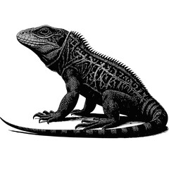 Obraz premium Regal Reptile: A detailed monochromatic illustration of a lizard, showcasing its intricate scales and majestic posture.
