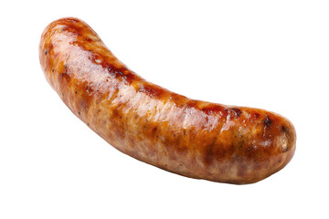 Close-up of a single, cooked sausage.  A slightly curved, browned sausage with visible grill marks.  Isolated on black