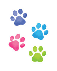 Fototapeta premium Set of colorful watercolor paw prints. Animal paws in blue, pink, and green. Vector illustration.