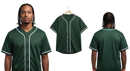 Dark green baseball jersey template with African American man. Front, back, and hanger views for apparel mockup design, isolated on a white background.