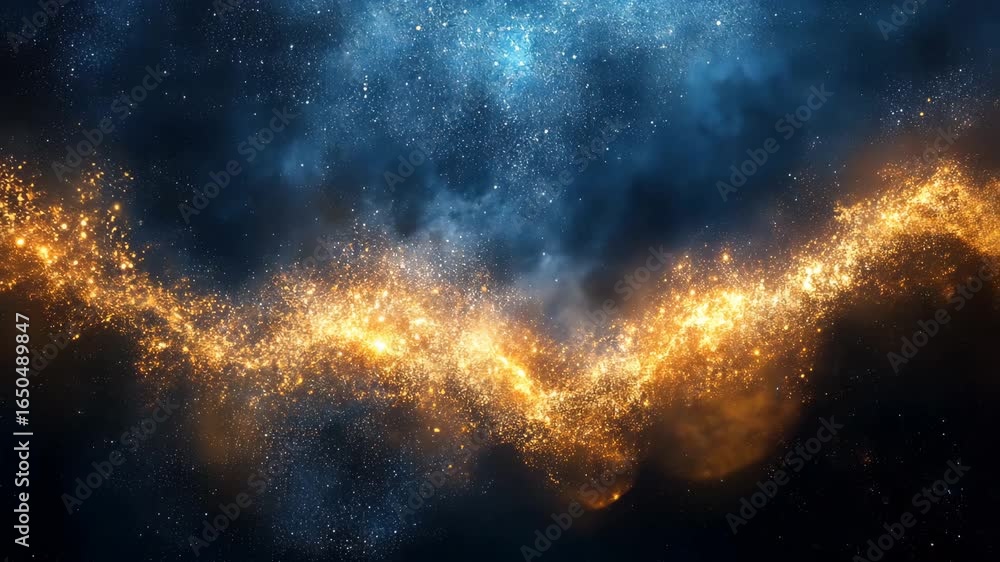 Poster golden particle wave flowing through dark blue space background animation video