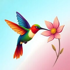 Obraz premium Colorful Hummingbird Feeding from Pink Flower