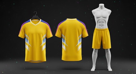 Yellow soccer jersey and shorts kit mockup for team uniform branding and design presentation. Front and back view on hanger and mannequin.
