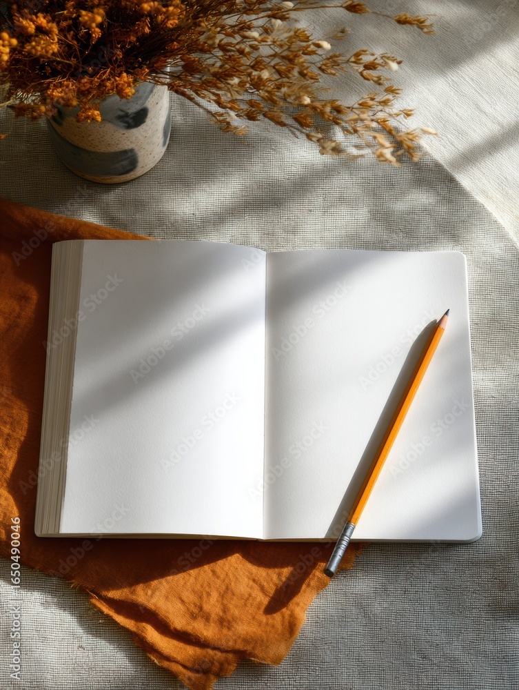 Poster open notebook with a pencil resting on a textured table and dried flowers in a vase captured in soft