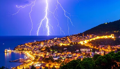 Coastal city at night, illuminated, with a dramatic lightning strike over the sea