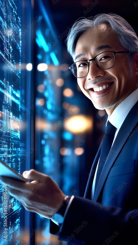 Poster it professional smiling, holding tablet near server rack, monitoring complex network infrastructure 