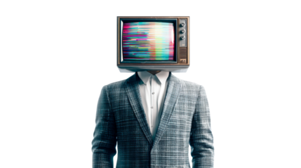 Man with vintage television screen displaying static on head wearing suit