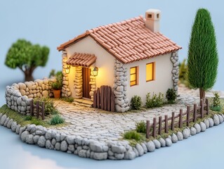 Illuminated Cottage Model, Stone Path, Garden, Blue Background, Home Design