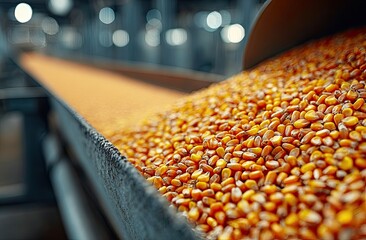 Fototapeta premium Corn kernels piled high on a conveyor belt in a factory