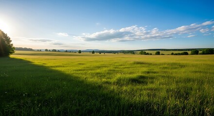 Fototapeta premium Expansive meadow under a serene sky casting long shadows a rural landscape
