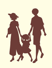 手を繋ぐ楽しそうな3人の親子　シルエット