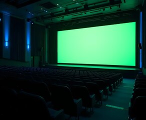 Fototapeta premium Green screen ready cinema auditorium with empty seats awaiting premiere night or presentation event