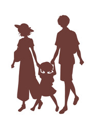 手を繋ぐ楽しそうな3人の親子　シルエット
