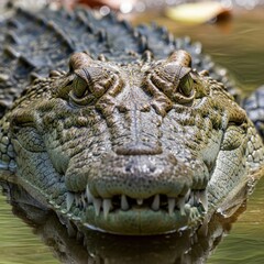 Menacing crocodile portrait in shallow water with a predatory gaze