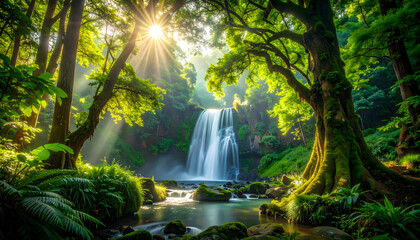 Lush Forest Waterfall Scene with Sunlight Shining Through Trees Creating a Serene and Peaceful Landscape