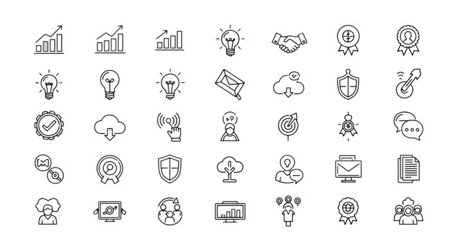 Modern line art icons representing business, technology, and innovation for web design, marketing, and corporate branding projects