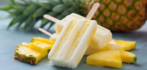 A close up of pineapple popsicles with pineapple slices on a blue surface with a pineapple behind