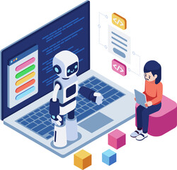 Isometric AI Robot Teaching Child Learn Coding