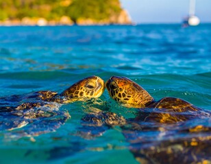 Sea turtles meet in the clear water