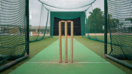Cricket Wickets on Green Pitch with Netting, Sport Training Ground