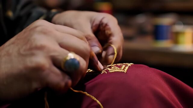 Detailed Zardozi Embroidery Crafting Gold Thread Designs on Deep Red Fabric at Eye Level Close Up Featuring Metallic Needlework and Handmade Textile Art Tradition Celebrating Cultural Design