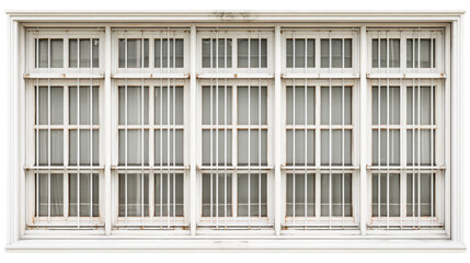 Old white window with metal bars on transparent background