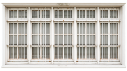 Old white window with metal bars on transparent background