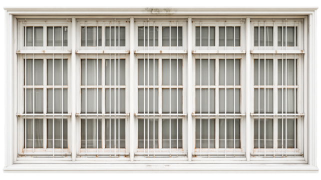 Old white window with metal bars on transparent background