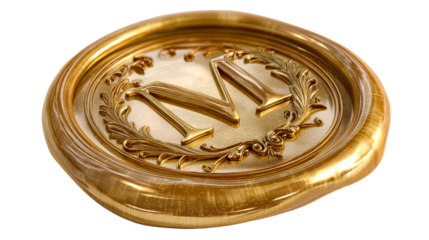 Golden M Letter Wax Seal Stamp with Ornate Flourish on Transparent PNG