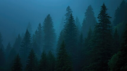 Obraz premium A misty forest at dusk, tall pines shrouded in fog, evoking a sense of mystery and quiet solitude.