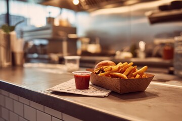 carton tray with burger and fries beside ketchup cup on counter in modern fast food kitchen concept of no dish meals takeaway dining marketing