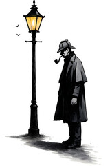 Detective Under Streetlamp &ndash; Noir Silhouette Illustration with Transparent Background